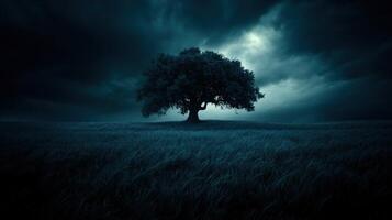 A lone tree in a field under a dark sky photo