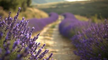 Beautiful lavender fields in full bloom along a winding pathway photo