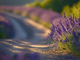 Lavender fields stretch along the winding dirt road at sunset photo