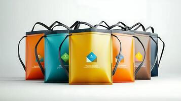 Colorful reusable bags arranged in a row showcasing vibrant designs and minimalist branding photo