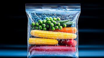 Colorful assortment of fresh vegetables in a sealed bag, with a blurred blue background photo