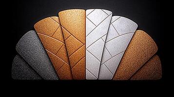 Colorful geometric shapes arranged in a fan pattern against a dark background, showcasing texture photo