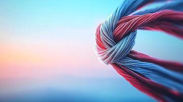 Colorful twisted ropes against a serene sunset background, symbolizing unity and strength photo