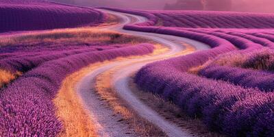 Winding dirt road through vibrant lavender fields at sunset photo