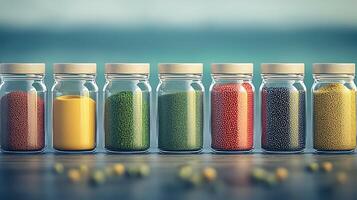Colorful jars filled with various spices arranged on a wooden surface near a tranquil beach photo