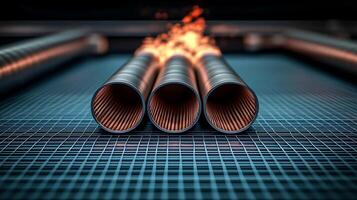 Close-up view of three metallic pipes emitting sparks, set against a grid background with industrial context photo