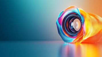 Colorful camera lens wrapped in vibrant fabric on a smooth surface with a gradient background photo
