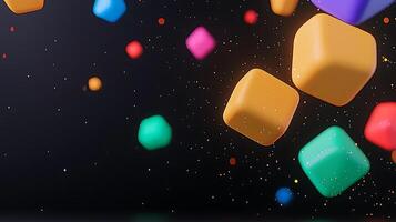 Colorful 3D geometric shapes floating against a dark background with sparkling effects photo