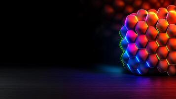 Colorful hexagonal pattern with vibrant lighting effects against a dark background, showcasing modern design photo