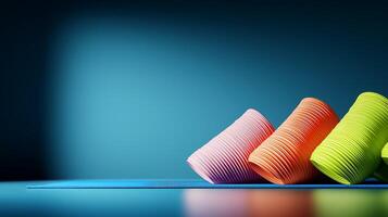 Colorful stacked cups on a blue surface with a soft gradient background creating a vibrant scene photo