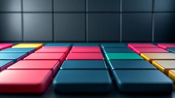 Colorful geometric tiles arranged on a surface, creating a vibrant pattern in a modern setting photo