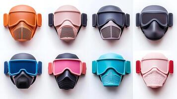 Collection of colorful protective masks arranged in a grid, showcasing various designs and features photo