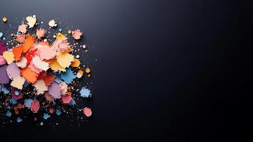 Colorful fragments of paper scattered against a dark background, creating a vibrant artistic display photo