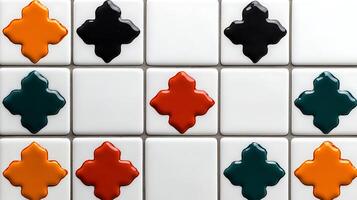Colorful geometric pattern on tiles with vibrant shapes and contrasting colors in a modern setting photo