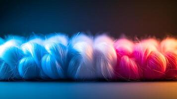 Colorful strands of fluffy fibers arranged in a gradient, showcasing vibrant hues and textures photo