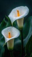 Two calla lilies showing their orange spadix and covered with dew drops photo