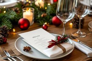 Christmas menu decorated with festive ribbon and pine twig on table setting photo