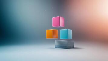 Colorful geometric cubes floating above a textured surface in a softly lit gradient background photo