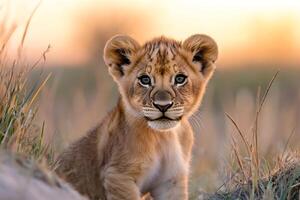 Lion cub emerging from tall grass at sunset in african savanna photo