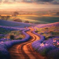 Winding dirt road through vibrant lavender fields during sunset photo