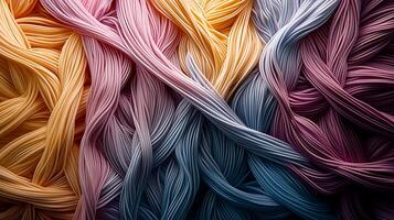 Colorful woven strands of fabric create a vibrant texture, showcasing intricate patterns and hues photo