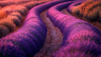 Lavender fields stretch under a sunset sky in a serene landscape photo