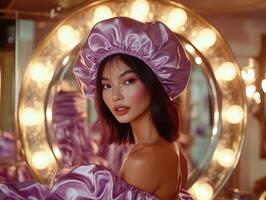 Silk bonnet fashion statement in a glamorous dressing room setup photo