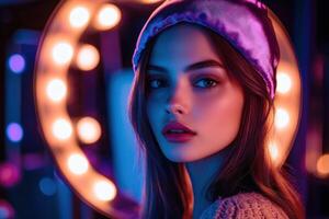 Beautiful girl with purple hat and light bulbs photo