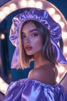 Silk bonnet adds elegance to a modern beauty portrait at night photo