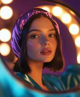 Elegant woman wearing a silk bonnet with glowing lights in the background photo