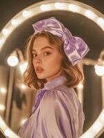 Silk bonnet fashion statement captured against a glowing backdrop photo
