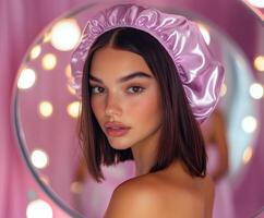 Silk bonnet enhances natural beauty in soft pink surroundings photo