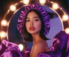 Elegant silk bonnet enhances beauty in a vibrant studio setting photo