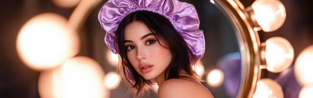 Silk bonnet enhances glowing beauty in soft luminous setting photo
