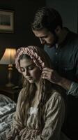 Romantic moment shared with a silk bonnet during a quiet evening photo