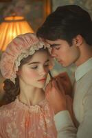 Couple sharing a tender moment while styling hair in vintage attire photo
