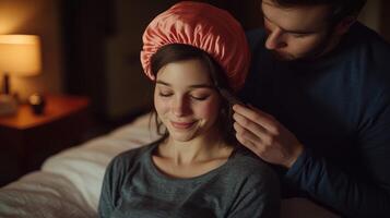 Couple shares a cozy moment as he helps her with a silk bonnet at home photo