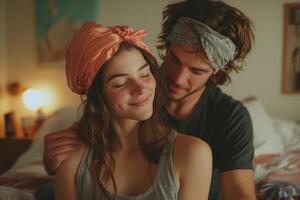 Romantic moment between young couple sharing a quiet evening together photo