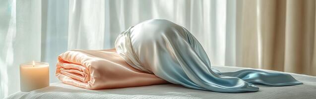 Soft silk bonnet resting on a bed with a cozy blanket and candlelight ambiance photo