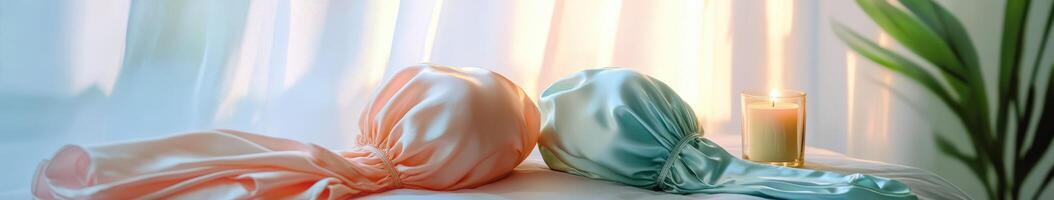 Silk bonnets resting on a soft surface with warm light illuminating them photo