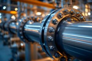 Industrial pipeline system with flange connection securing pipes in modern factory photo