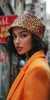 Stylish woman in leopard print silk bonnet and bright orange coat in city photo