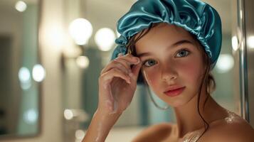 Young person wearing a silk bonnet while preparing for a skincare routine photo