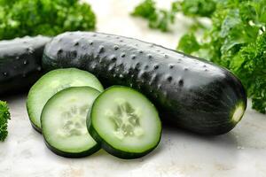 Fresh cucumbers and slices with parsley on kitchen table photo