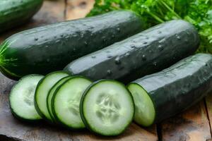 Fresh cucumbers and slices resting on rustic wooden table photo