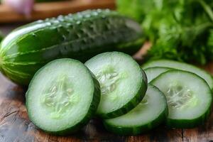Fresh cucumber slices and whole cucumber on rustic wooden table photo