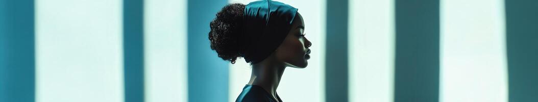 Silk bonnet worn elegantly in natural light highlighting profile photo