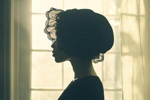 Silhouette of a person wearing a silk bonnet against bright window light photo