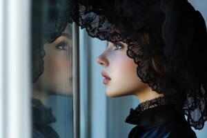 Elegant woman wearing a silk bonnet gazing thoughtfully out a window photo