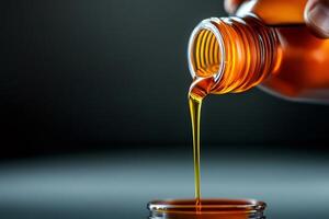 Pouring thick, viscous, golden liquid from glass bottle into jar on dark background photo